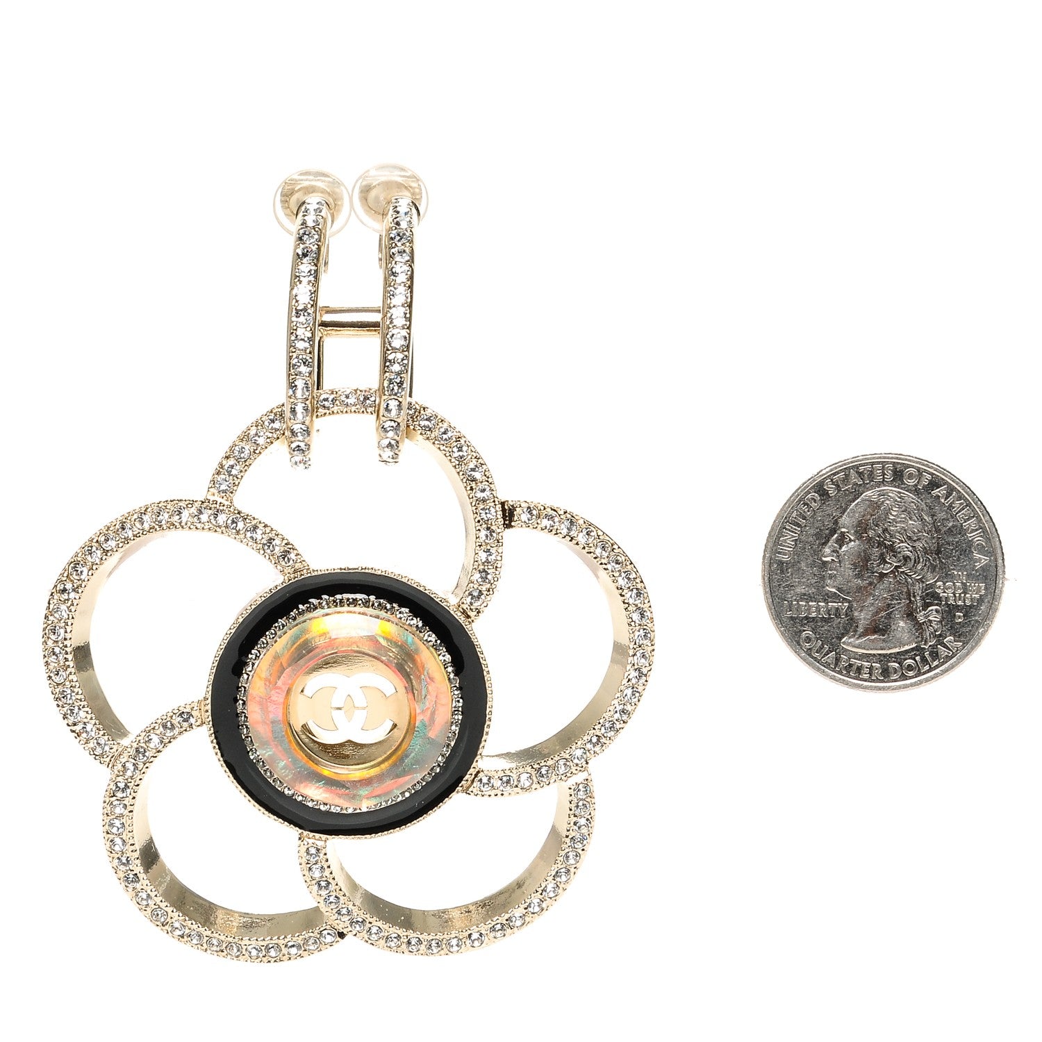 Chanel Resin Crystal CC Camellia Drop Single Clip On Earring Gold Black 2 of 4
