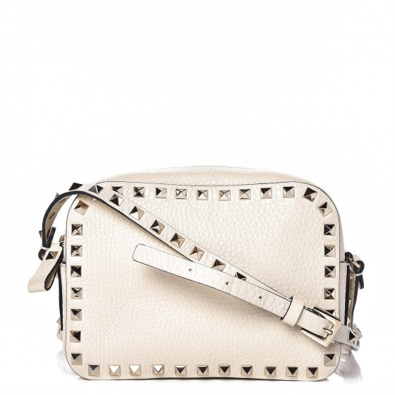 Grained Calfskin Rockstud Camera Crossbody Bag Ivory