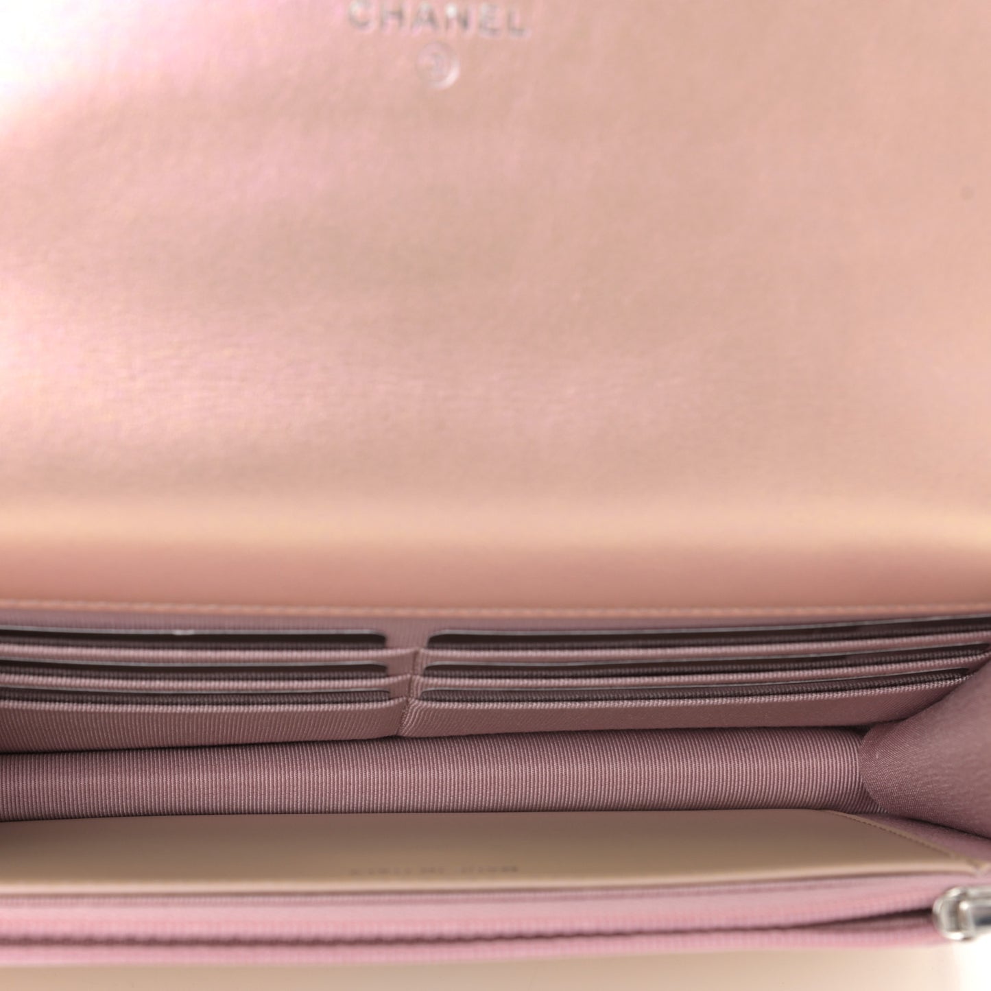 Iridescent Calfskin Quilted Wallet On Chain WOC Pink