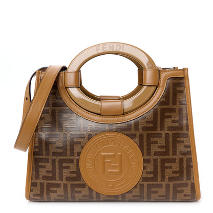 Fendi Glazed Fabric Vitello Century Plexiglass FF 1974 Stamp Patch Small Runaway Shopper Tote Mogano Panna Nocciola 1 of 10
