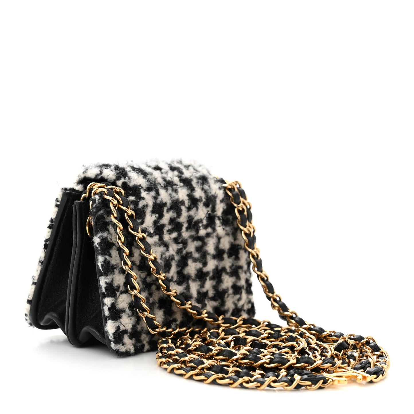 Tweed Houndstooth Quilted Mini Accordion Clutch With Chain White Black