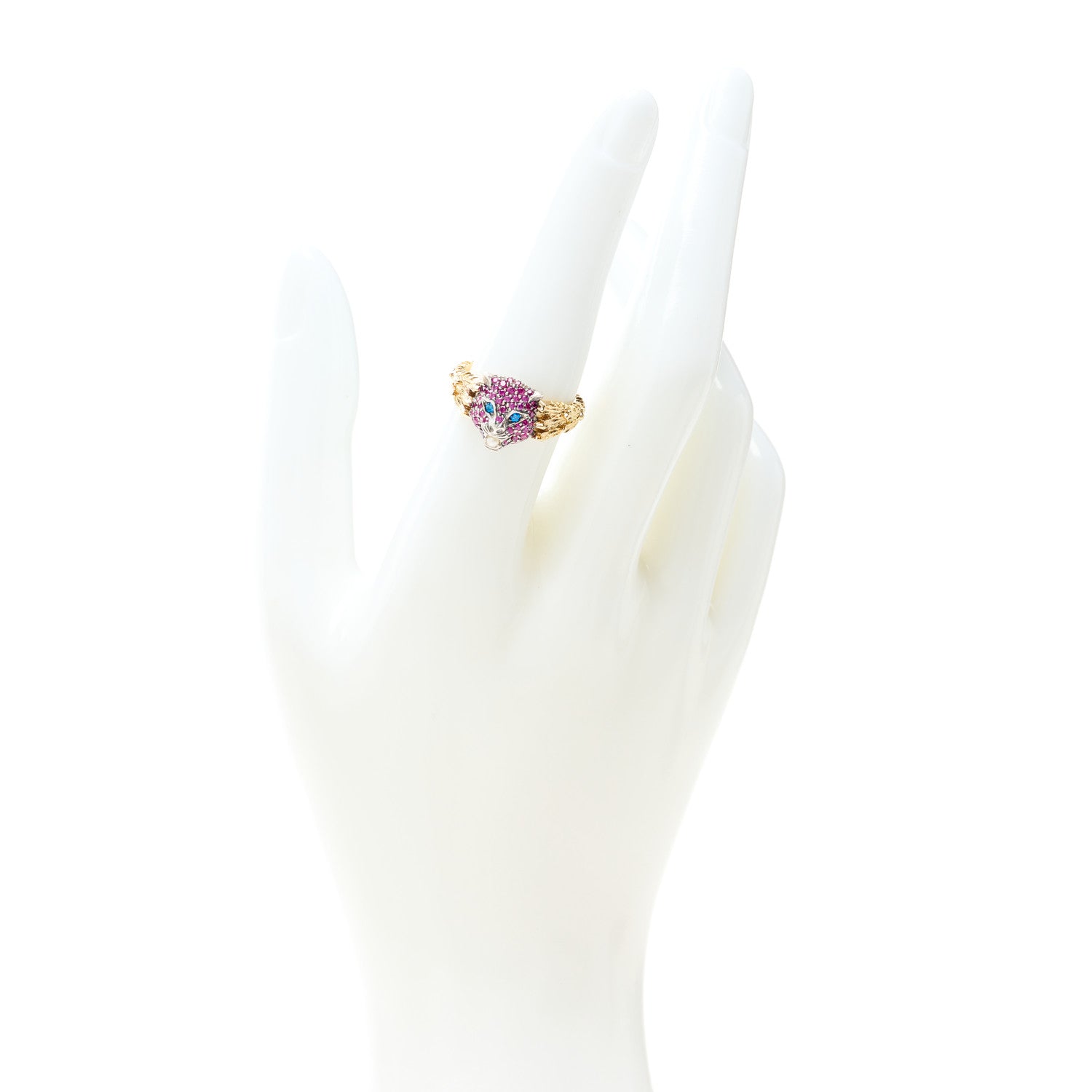 Gucci 18K Yellow Gold Sterling Silver Pink Sapphire Blue Topaz Pearl Le Marche Des Merveilles Feline Ring 54 6.75 2 of 7