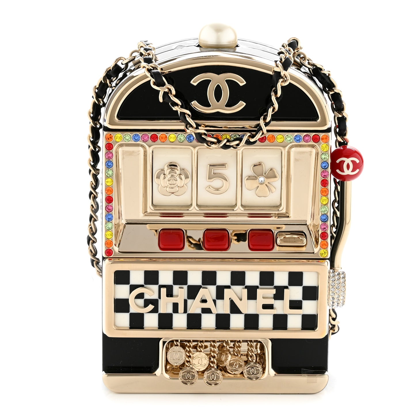 Resin Crystal Slot Machine Minaudiere Black Gold White Red