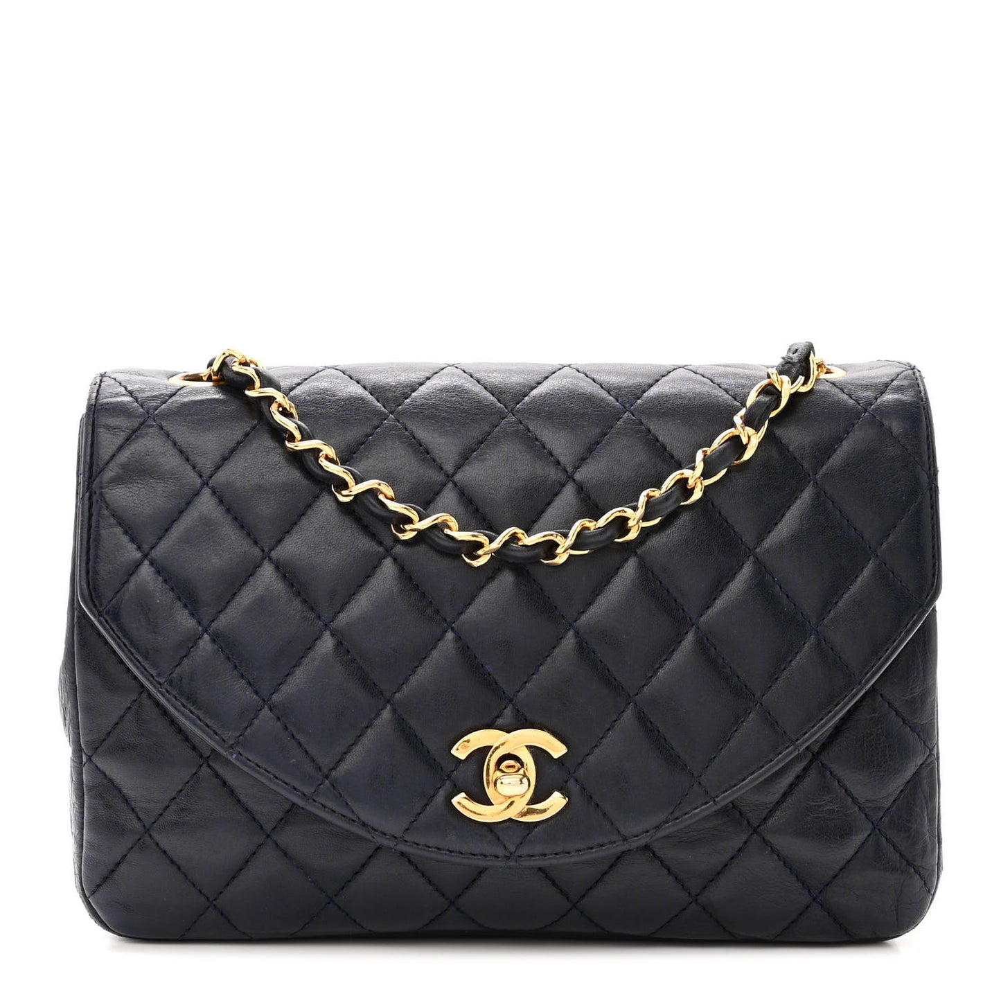 Lambskin Quilted Round Flap Navy