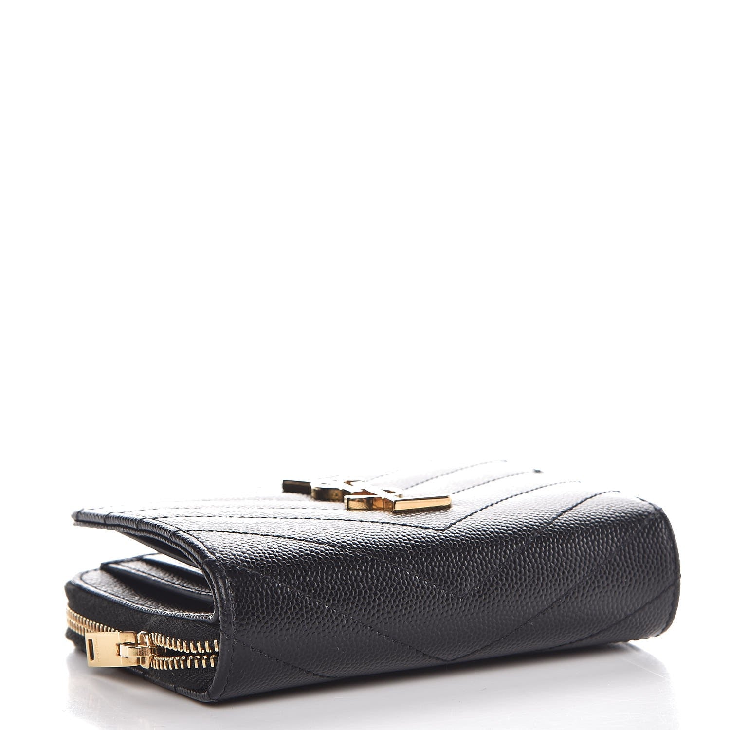 Saint Laurent Grain De Poudre Matelasse Chevron Monogram Compact Zip Around Wallet Black 4 of 9