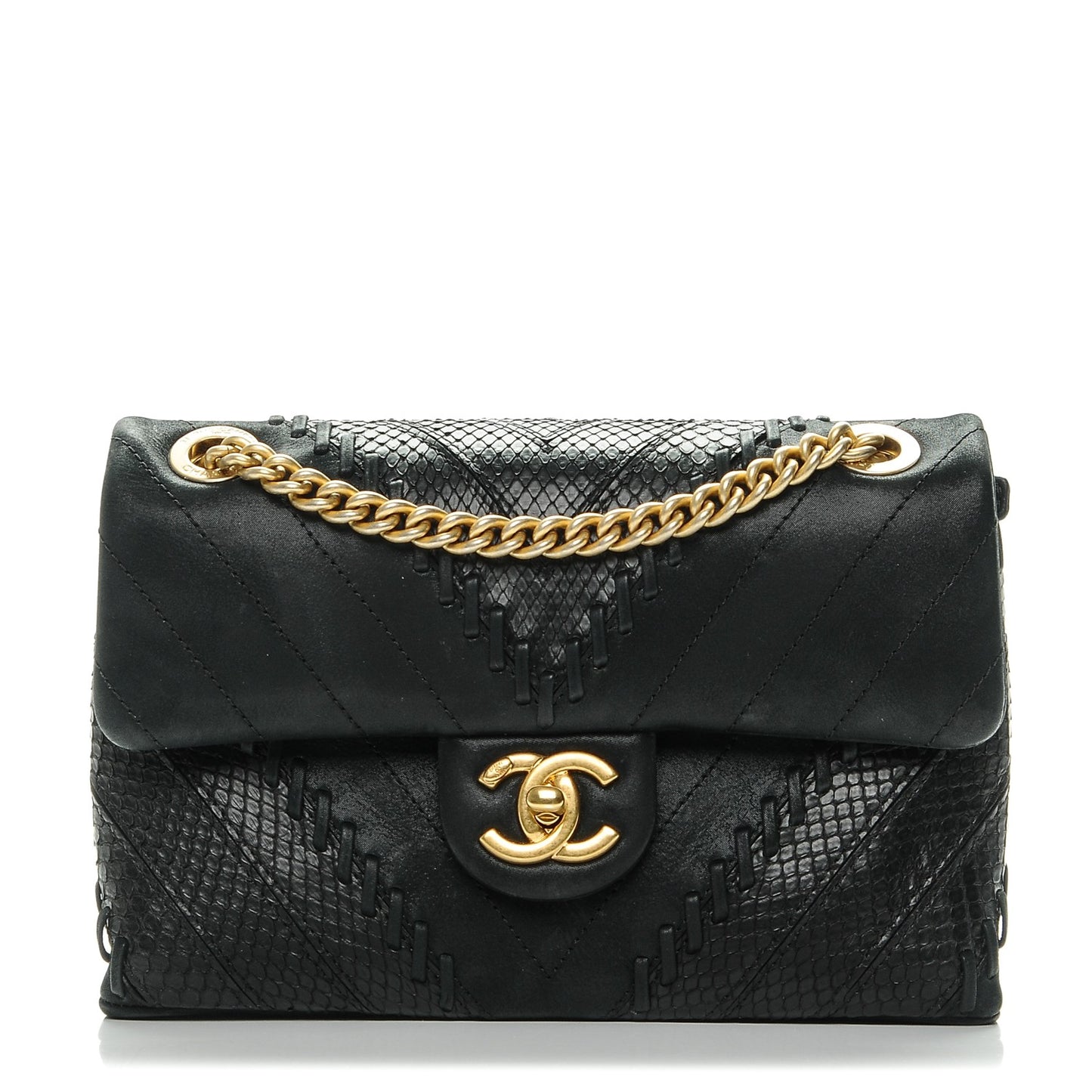 Iridescent Calfskin Python Patchwork Chevron Small Flap Black