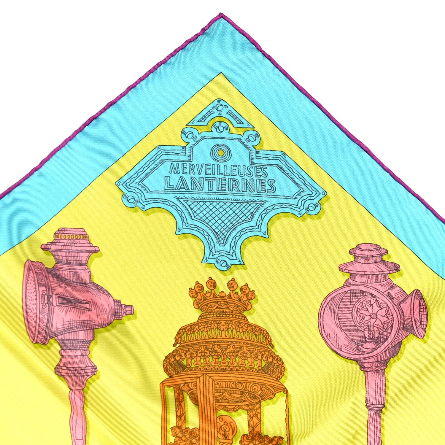 Hermes Silk Merveilleuses Lanternes Scarf 90 Jaune Vif Turquoise Rose 6 of 7