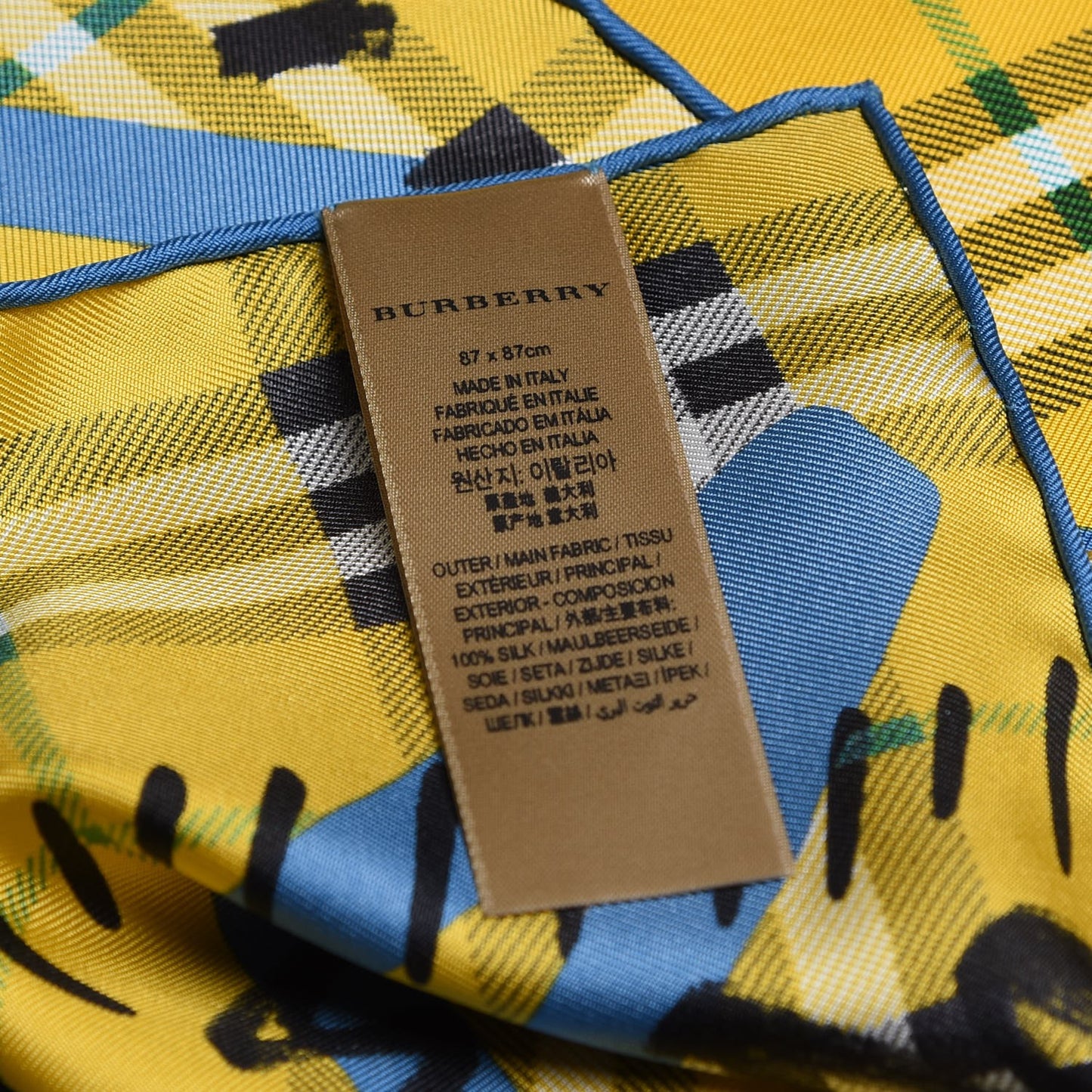 Silk Vintage Check Scribble Print Scarf Bright Yellow