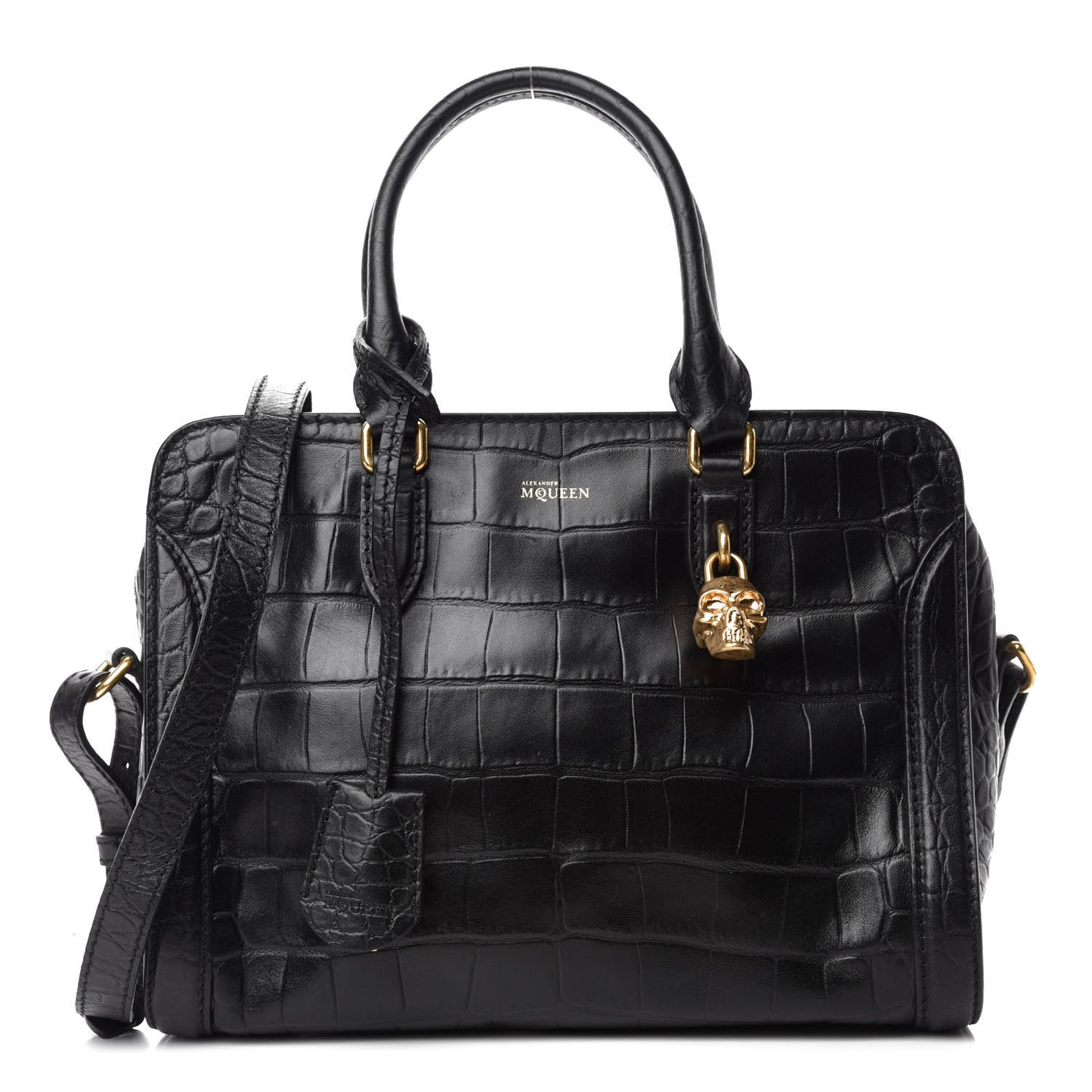 Calfskin Crocodile Embossed Small Skull Padlock Zip Around Tote Black