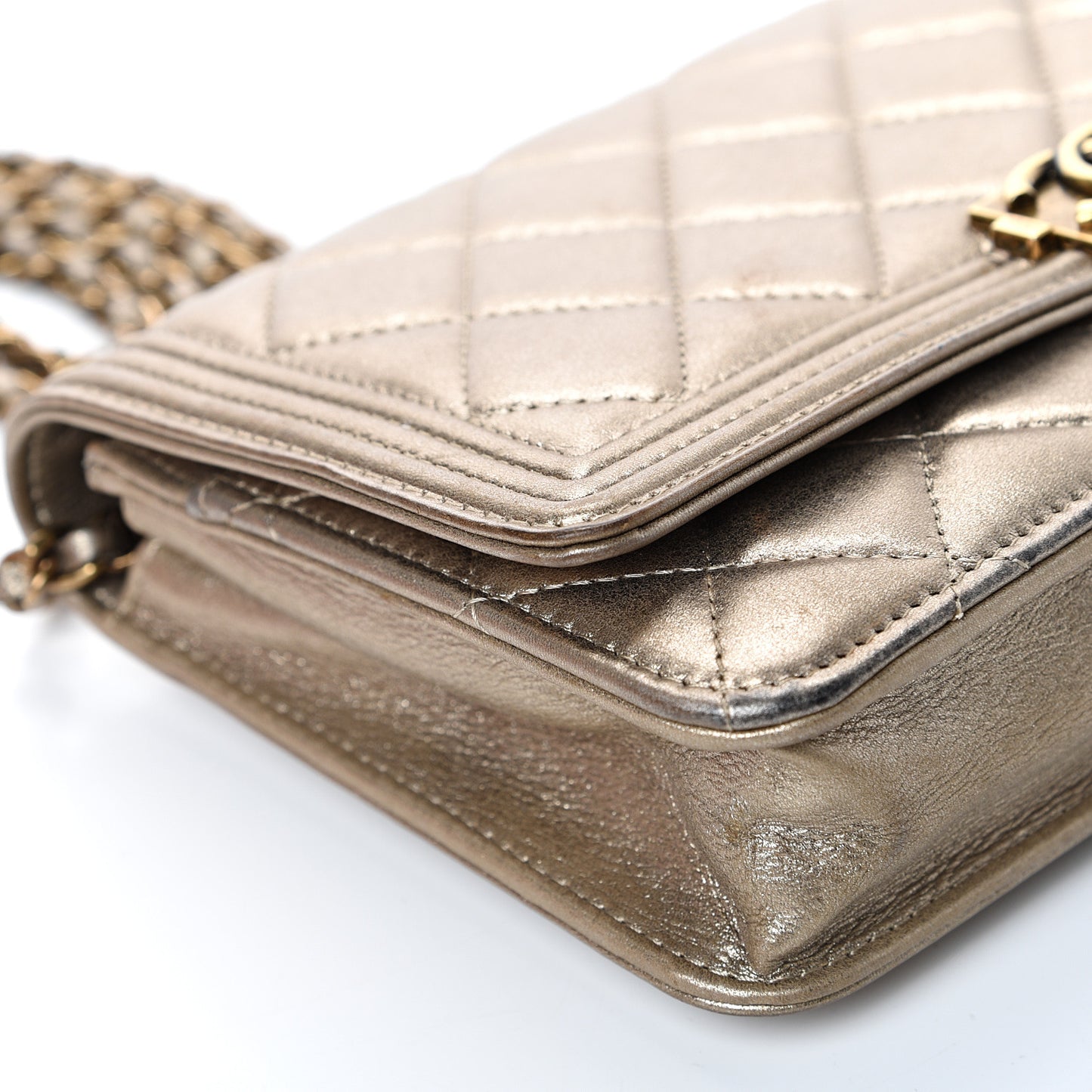 Metallic Calfskin Quilted Boy Wallet On Chain WOC Gold