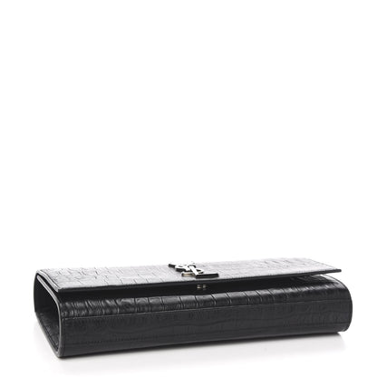Saint Laurent Calfskin Crocodile Embossed Classic Monogram Clutch Black 3 of 9