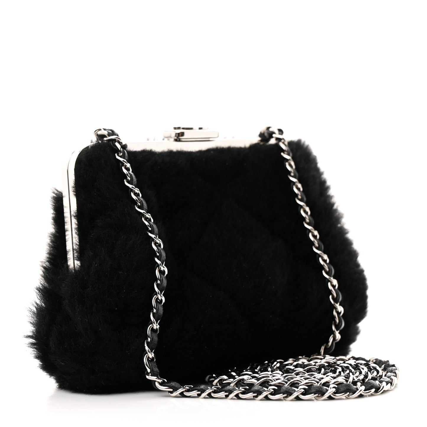 Shearling Sheepskin Lambskin Quilted Clutch With Chain Black