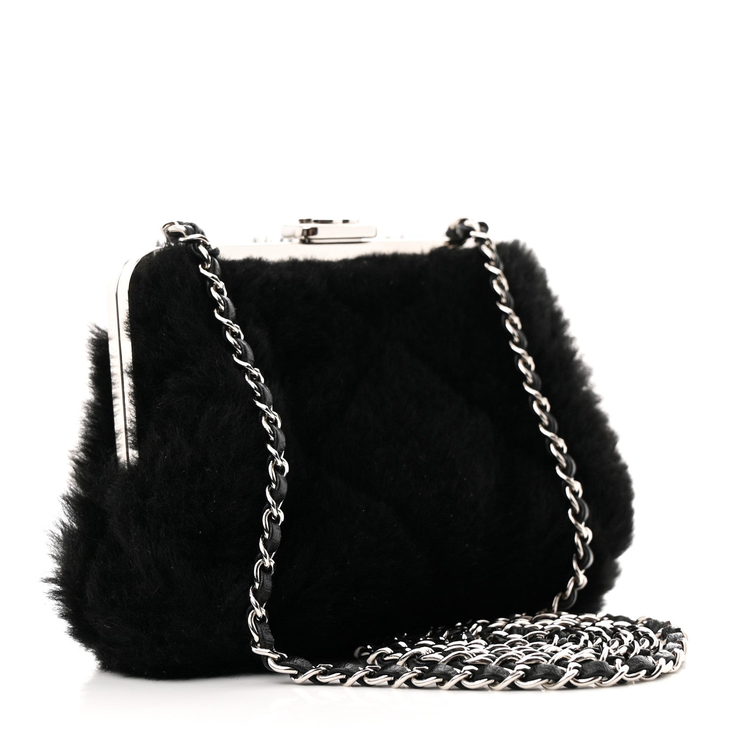 Chanel Shearling Sheepskin Lambskin Quilted Clutch With Chain Black 3 of 10