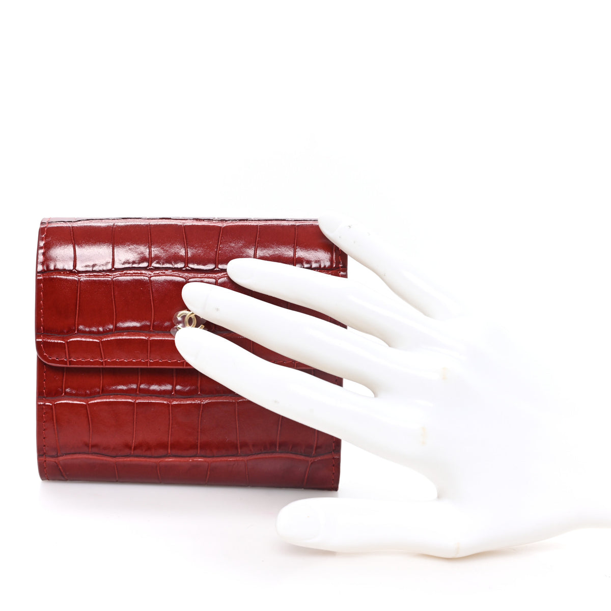 Calfskin Crocodile Embossed Crococo Flap Wallet Burgundy
