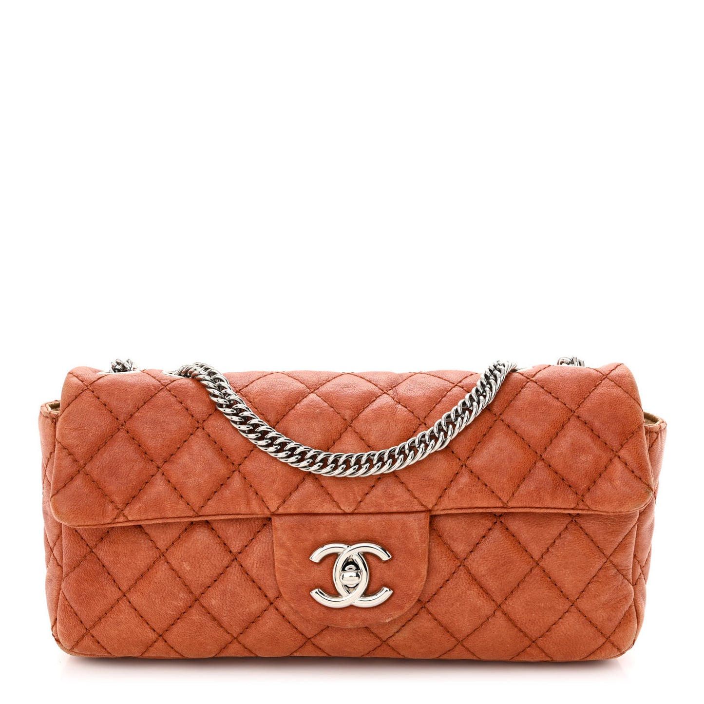 Glazed Lambskin Quilted Bijoux Chain East West Flap Dark Orange