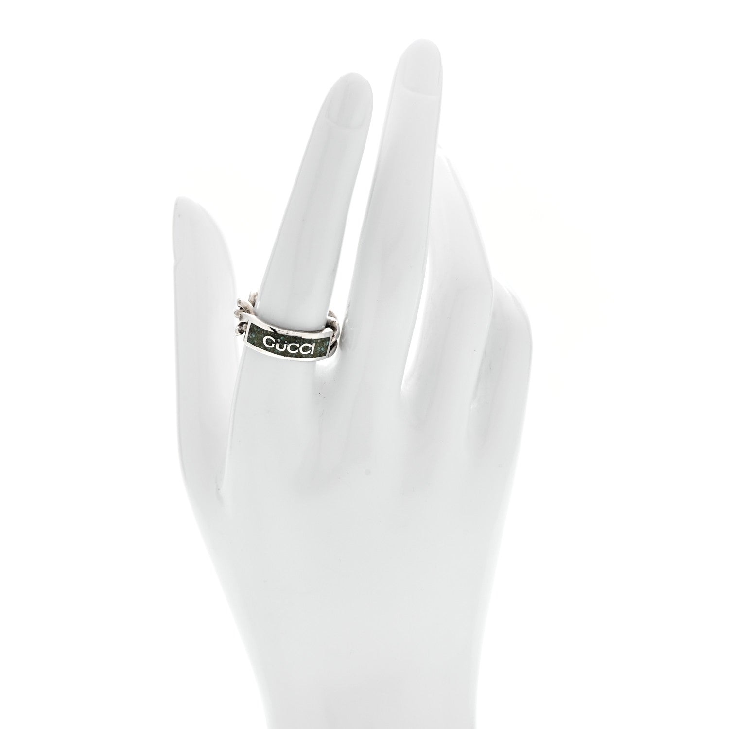 Gucci Sterling Silver Enamel Logo Chain Ring 53 6.5 Turquoise 2 of 6