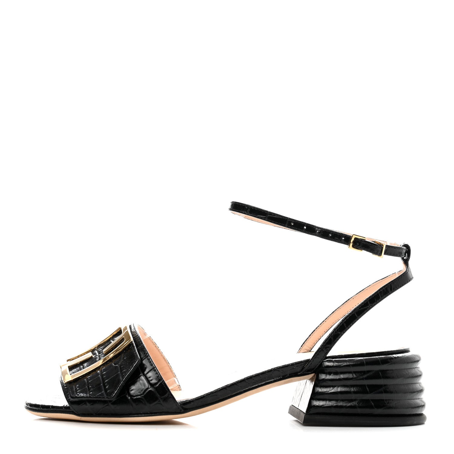 Fendi Vitello Crocodile Embossed Promenade Ankle Strap Sandals 36 Black 1 of 10