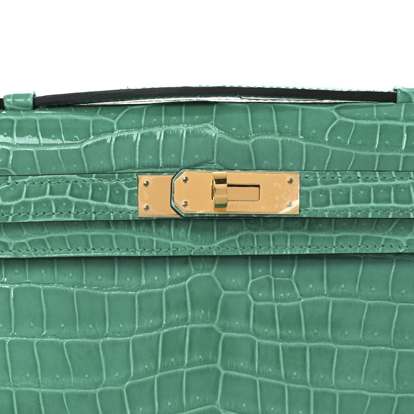 Shiny Porosus Crocodile Kelly Cut Pochette Vert Jade