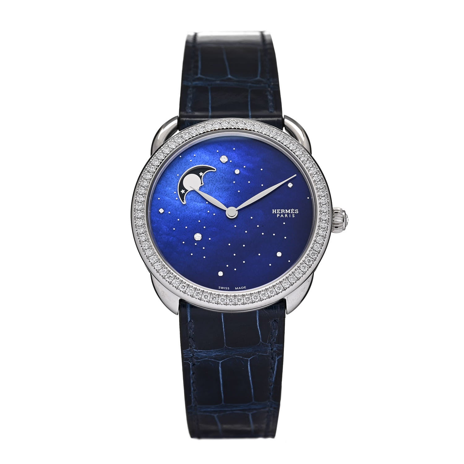 Hermes Stainless Steel Alligator Diamond Bezel Blue Mother of Pearl 38mm Arceau Petite Lune Automatic Watch Bleu Saphir 1 of 5