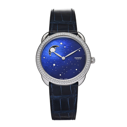 Hermes Stainless Steel Alligator Diamond Bezel Blue Mother of Pearl 38mm Arceau Petite Lune Automatic Watch Bleu Saphir 1 of 5