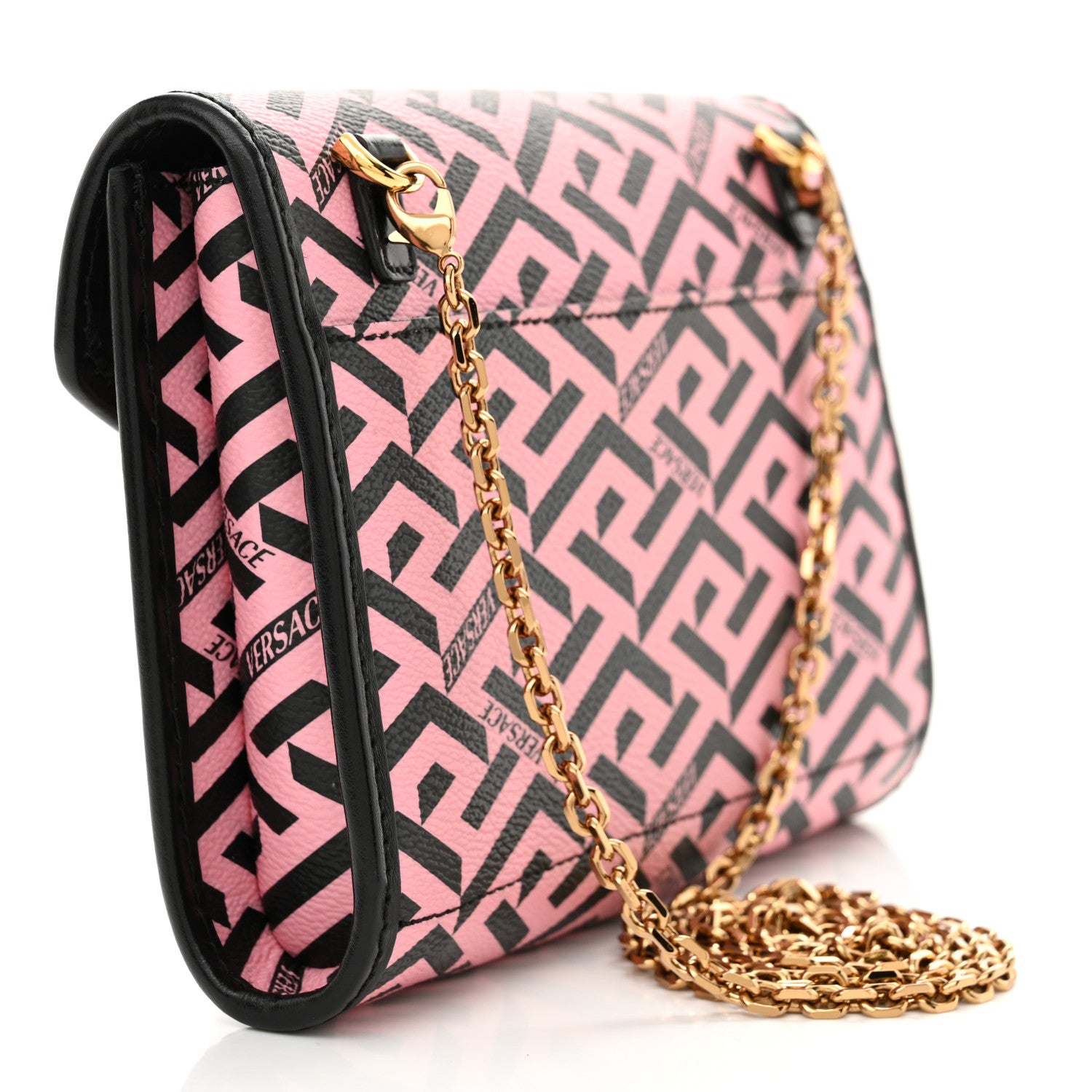 Versace Coated Canvas La Greca Signature Wallet On Chain Black Pink 3 of 11