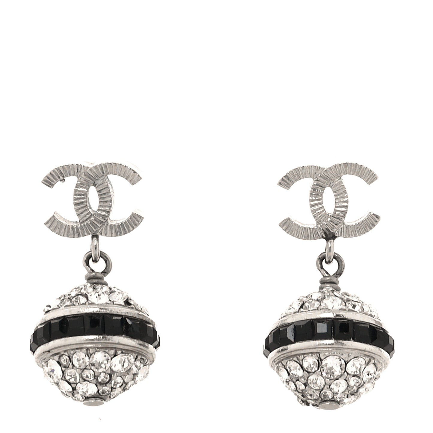 Crystal CC Drop Earrings Black Silver