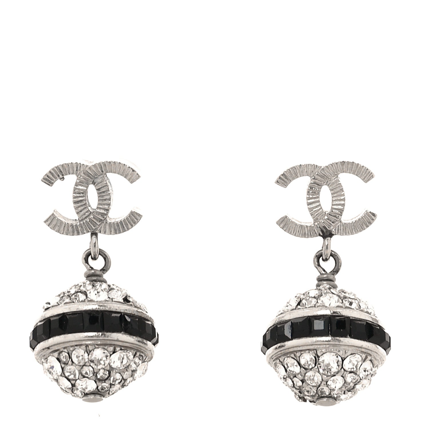 Chanel Crystal CC Drop Earrings Black Silver 1 of 4
