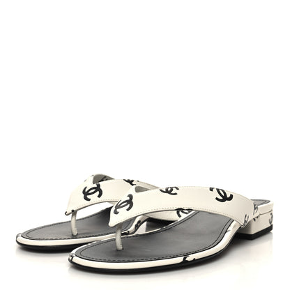 Chanel Lambskin Printed CC Thong Sandals 38 White Black 3 of 9