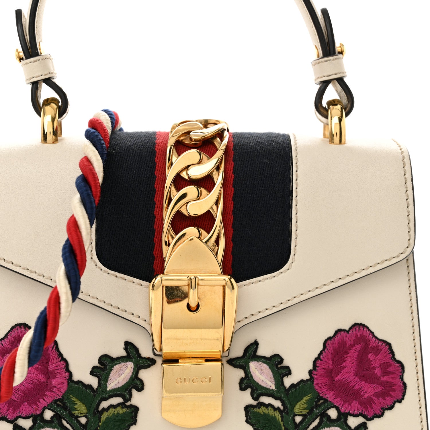 Gucci Calfskin Embroidered Mini Sylvie Top Handle Bag White 8 of 11