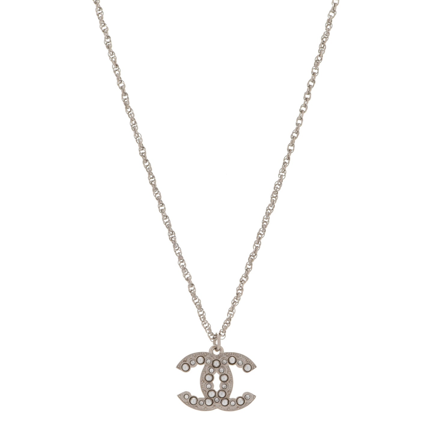 Crystal Pearl CC Pendant Necklace Silver