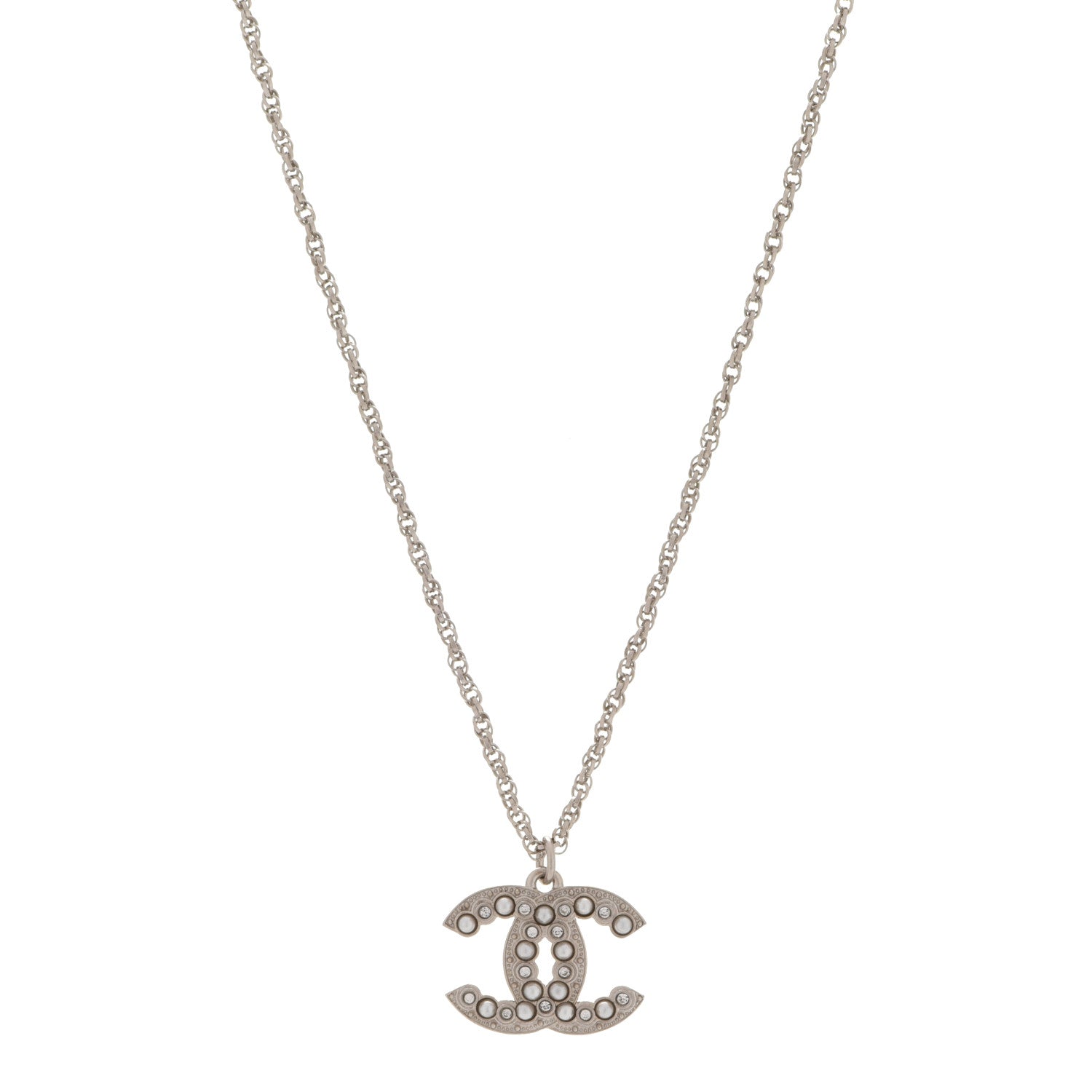 Chanel Crystal Pearl CC Pendant Necklace Silver 1 of 6