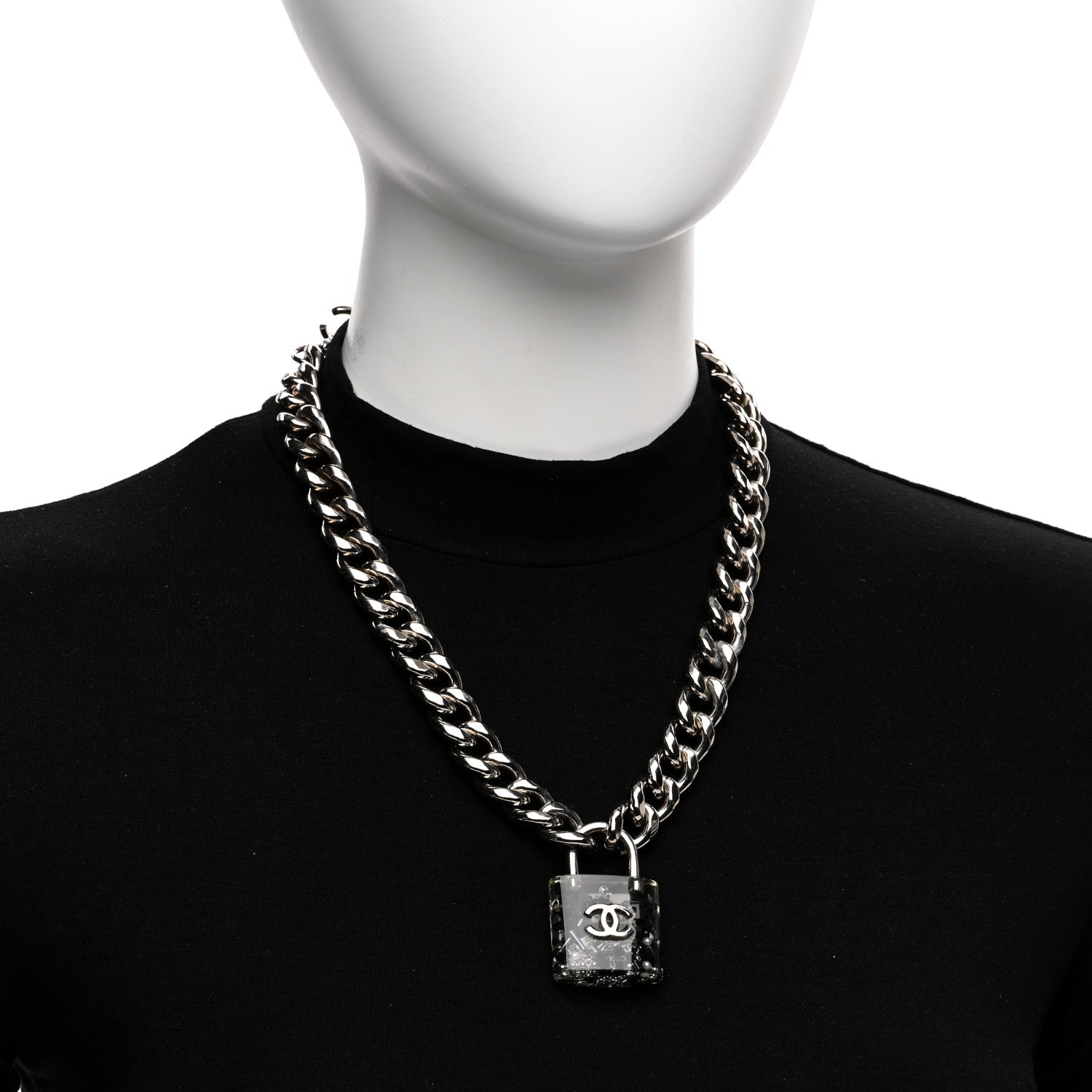 Chanel Resin CC Oversized Padlock Chain Necklace Silver Pearly White 2 of 5