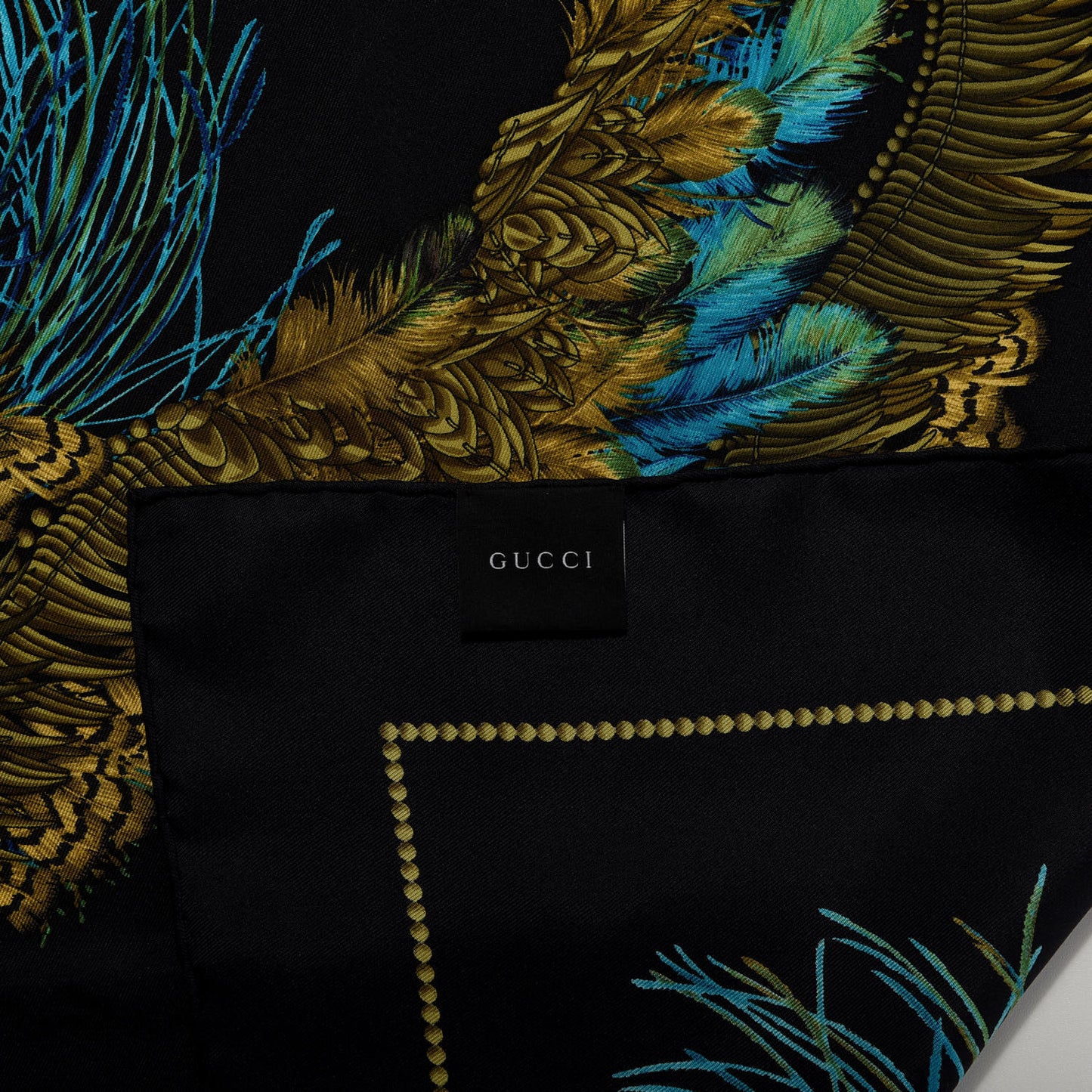 Silk Peacock Feather Printed Square Scarf Black Yellow