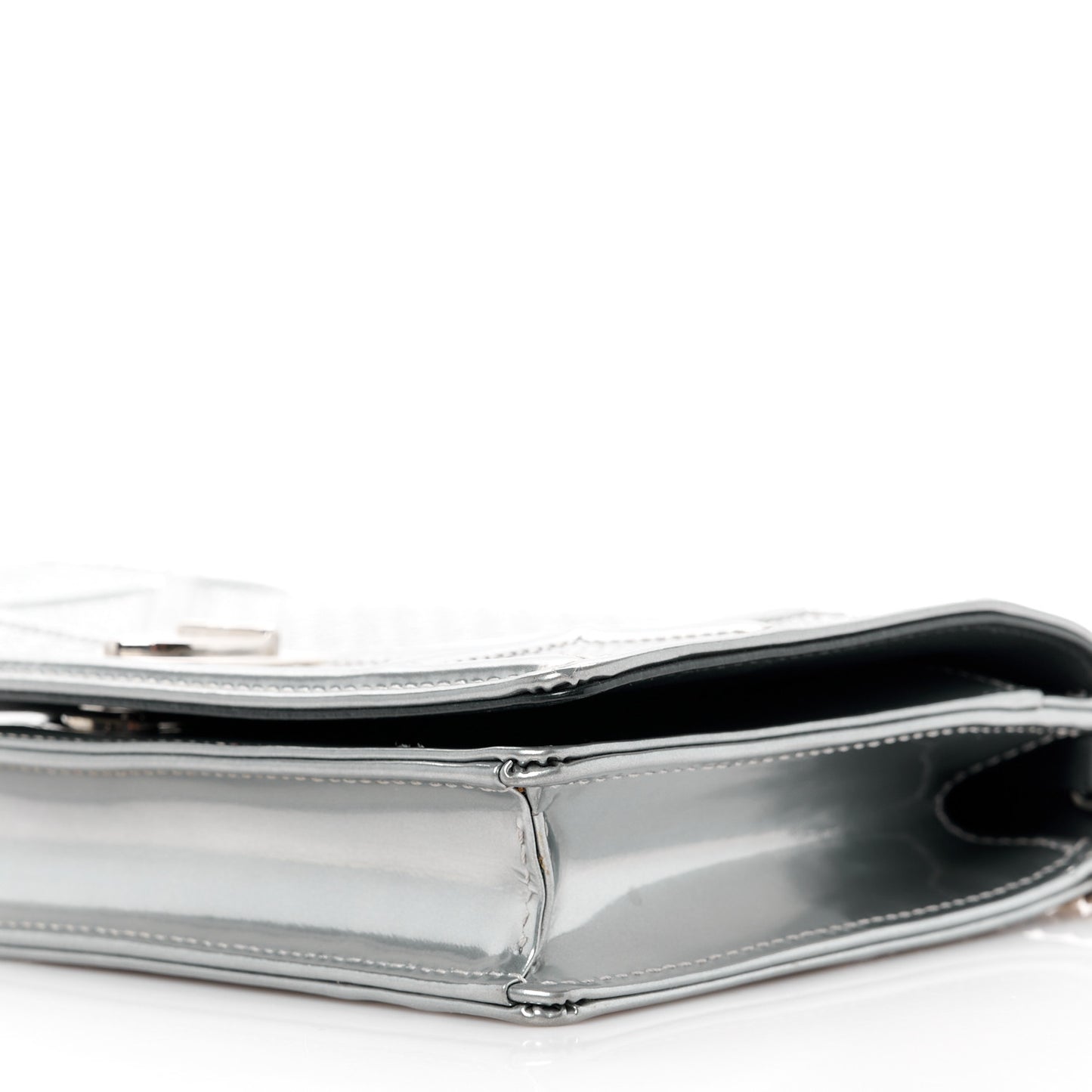 Metallic Patent Micro-Cannage Diorama Wallet on Chain Pouch Silver