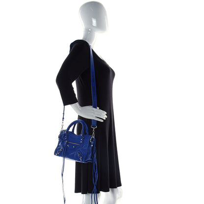 Balenciaga Agneau Classic Silver Hardware Mini City Logo Strap Bleu Electric Black 2 of 9