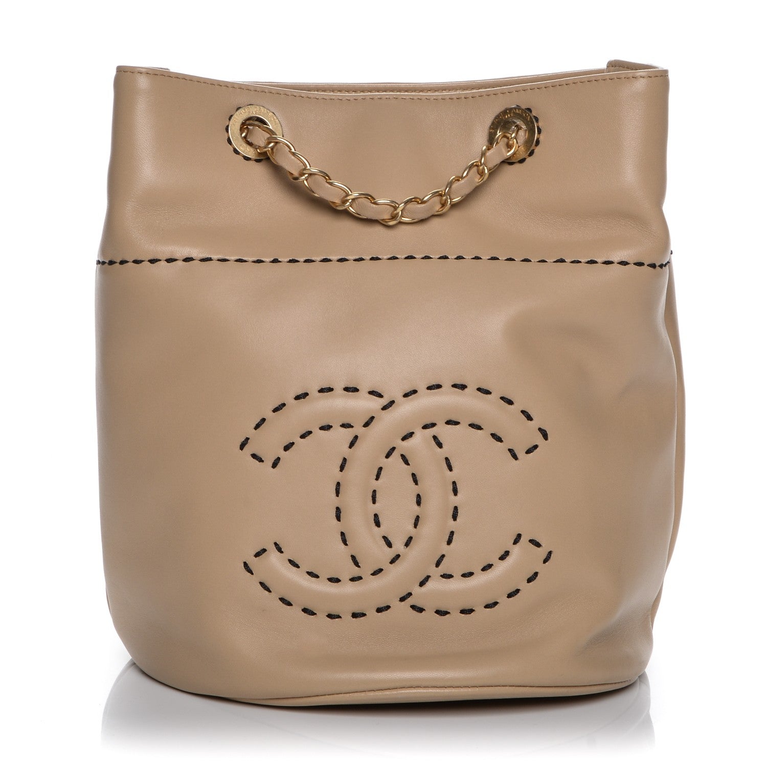 Chanel Lambskin CC Stitched Drawstring Bucket Bag Beige 1 of 8