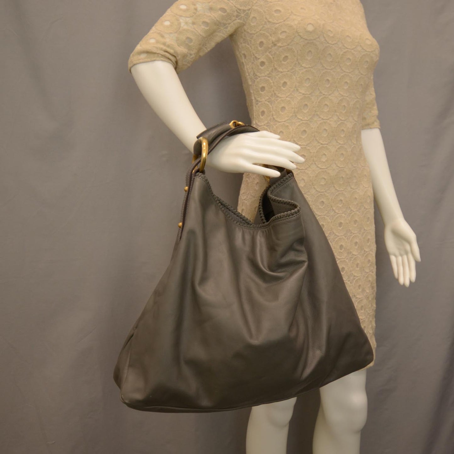 Leather Large Horsebit Chain Hobo Gray