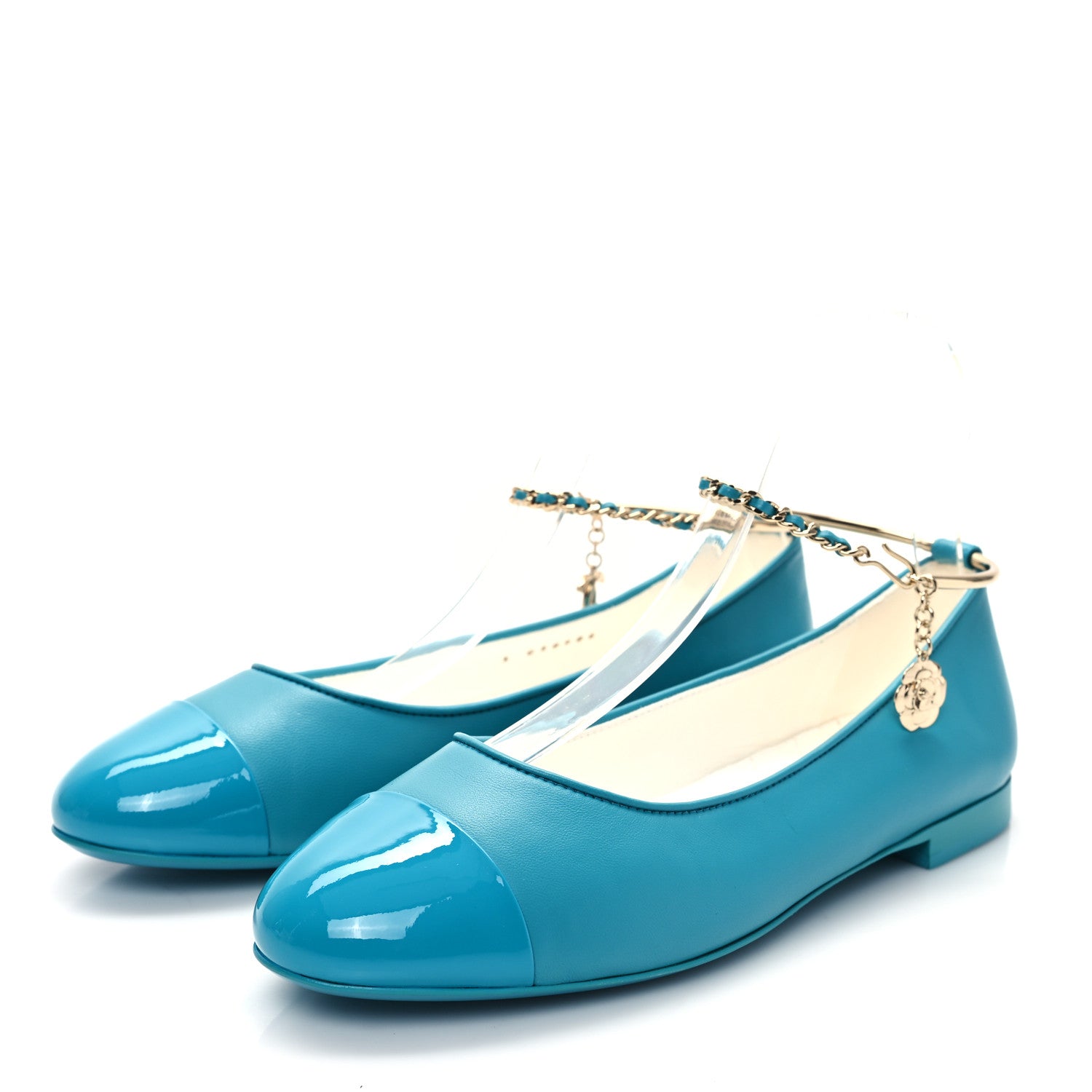 Chanel Lambskin Patent Calfskin Cap Toe Ankle Chain Ballerina Flats 38 Turquoise 7 of 18