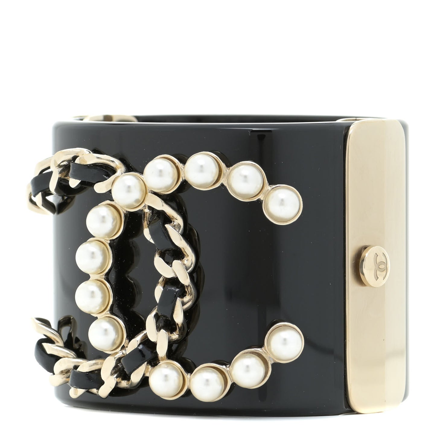 Resin Pearl Lambskin CC Cuff Bracelet Black