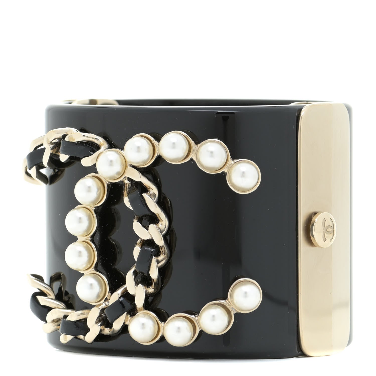 Chanel Resin Pearl Lambskin CC Cuff Bracelet Black 1 of 7