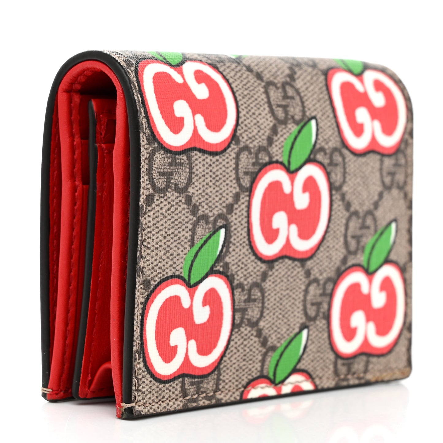 GG Supreme Monogram Apple Card Case Wallet Beige Multicolor Lobster Red