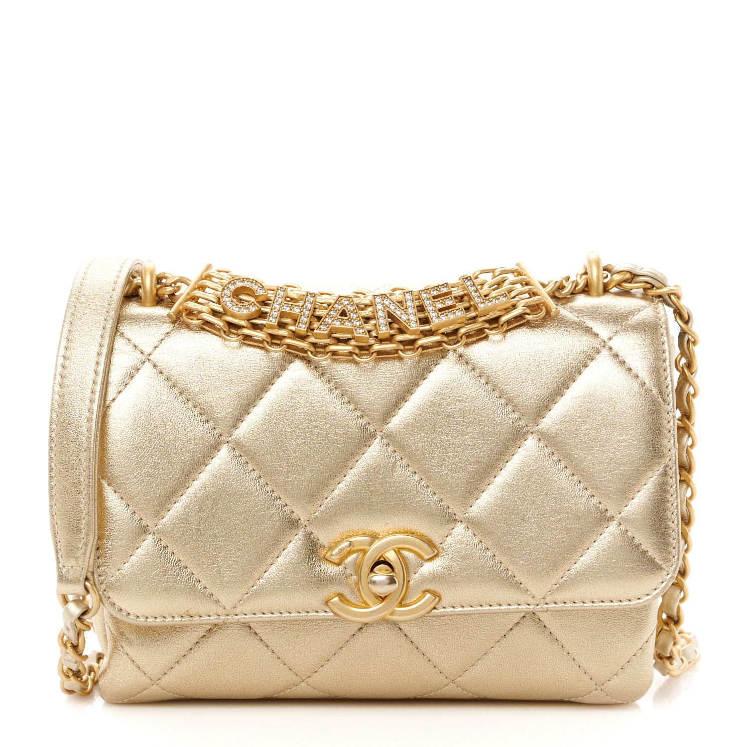 Chanel Metallic Lambskin Quilted Mini CC Crystal Logo Chain Flap Gold 1 of 10