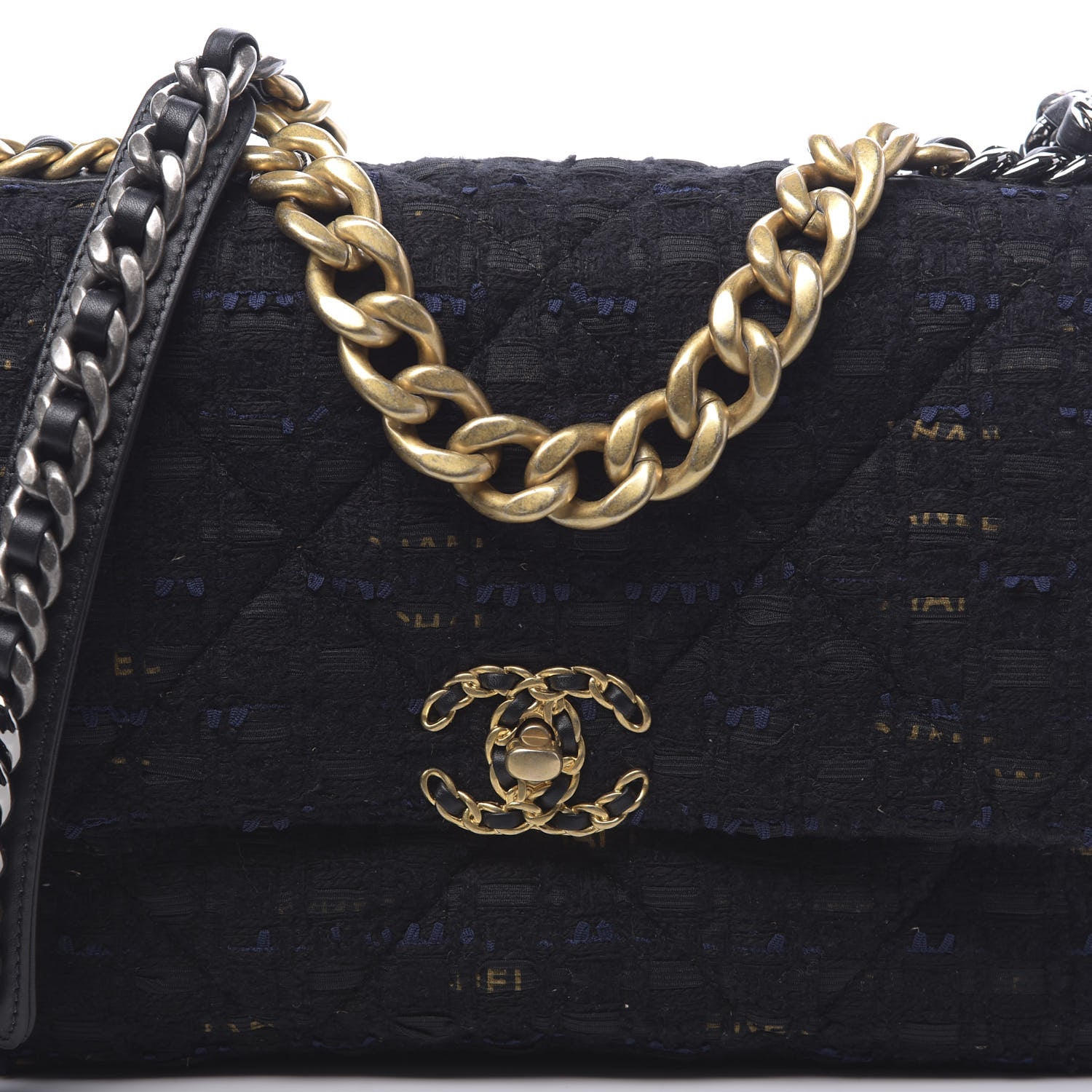 Chanel Tweed Quilted Large Chanel 19 Flap Black Navy Gold 10 of 11