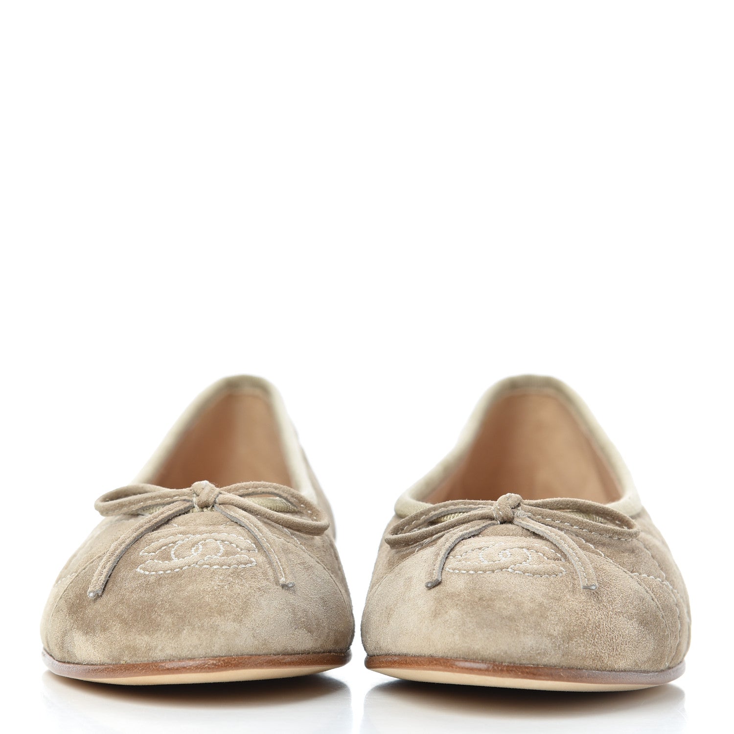 Chanel Suede Calfskin Quilted Cap Toe CC Ballerina Flats 35.5 Beige 2 of 9
