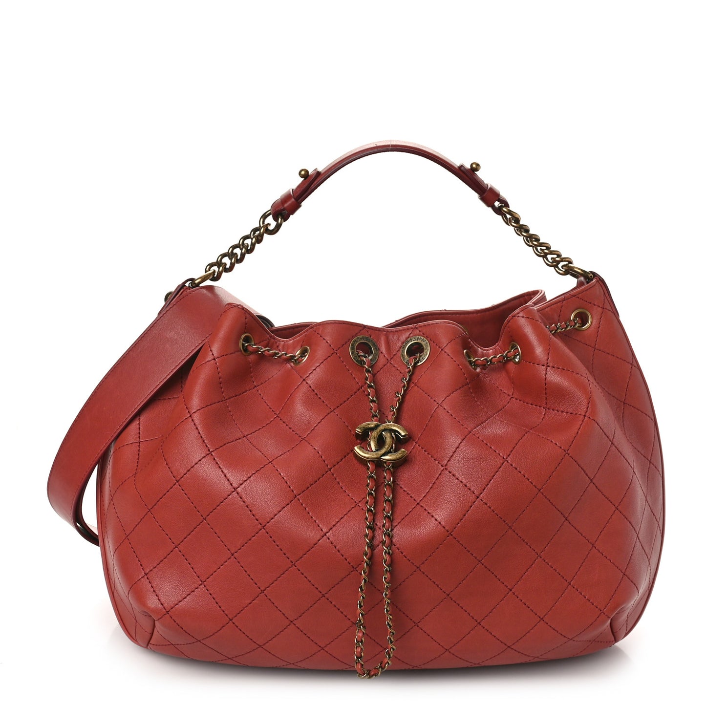 Calfskin Stitched Large Drawstring CC Bag Burgundy