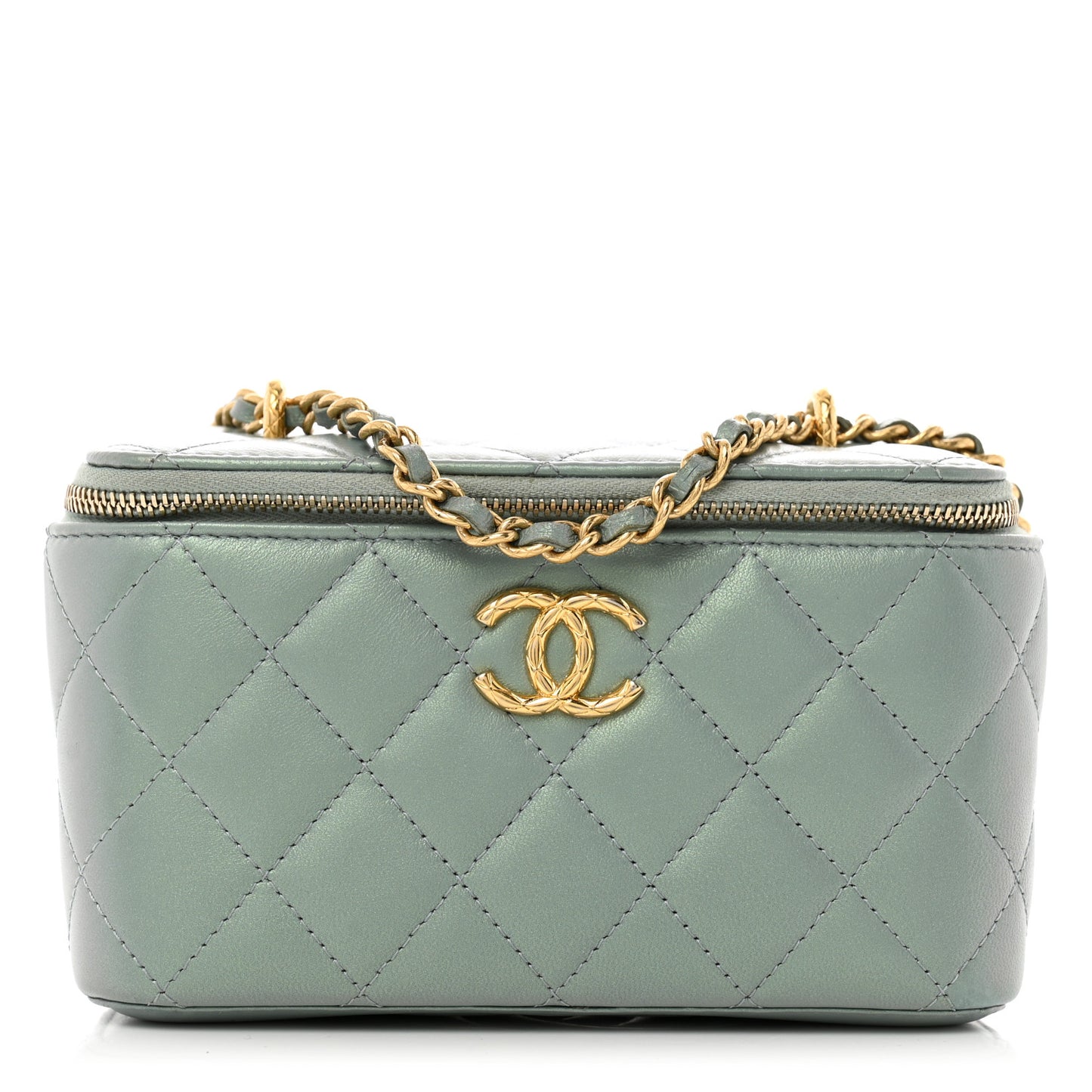 Metallic Lambskin Quilted Small CC Dynasty Vanity Case With Chain Grey
