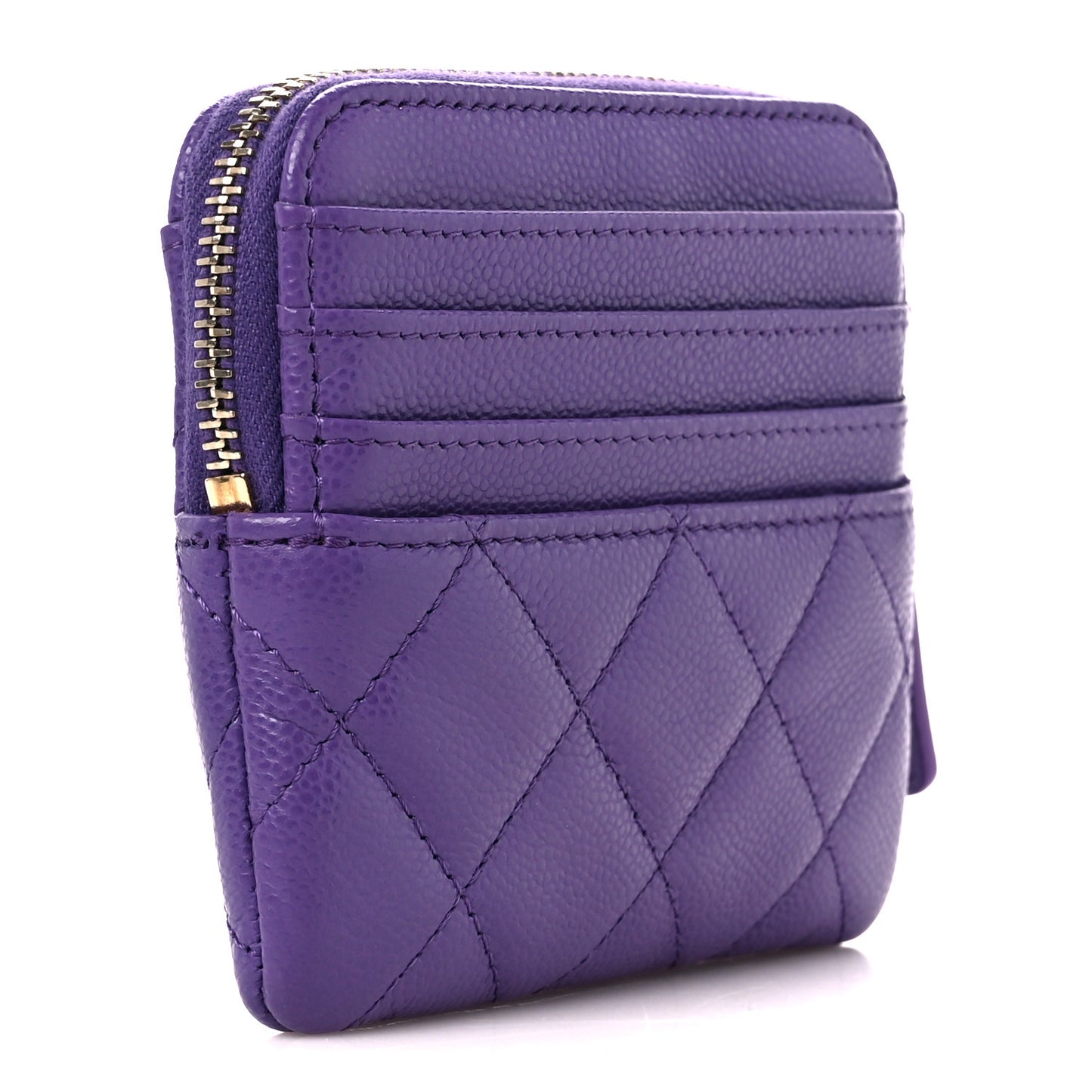 Caviar Quilted Zip Card Holder Wallet Purple
