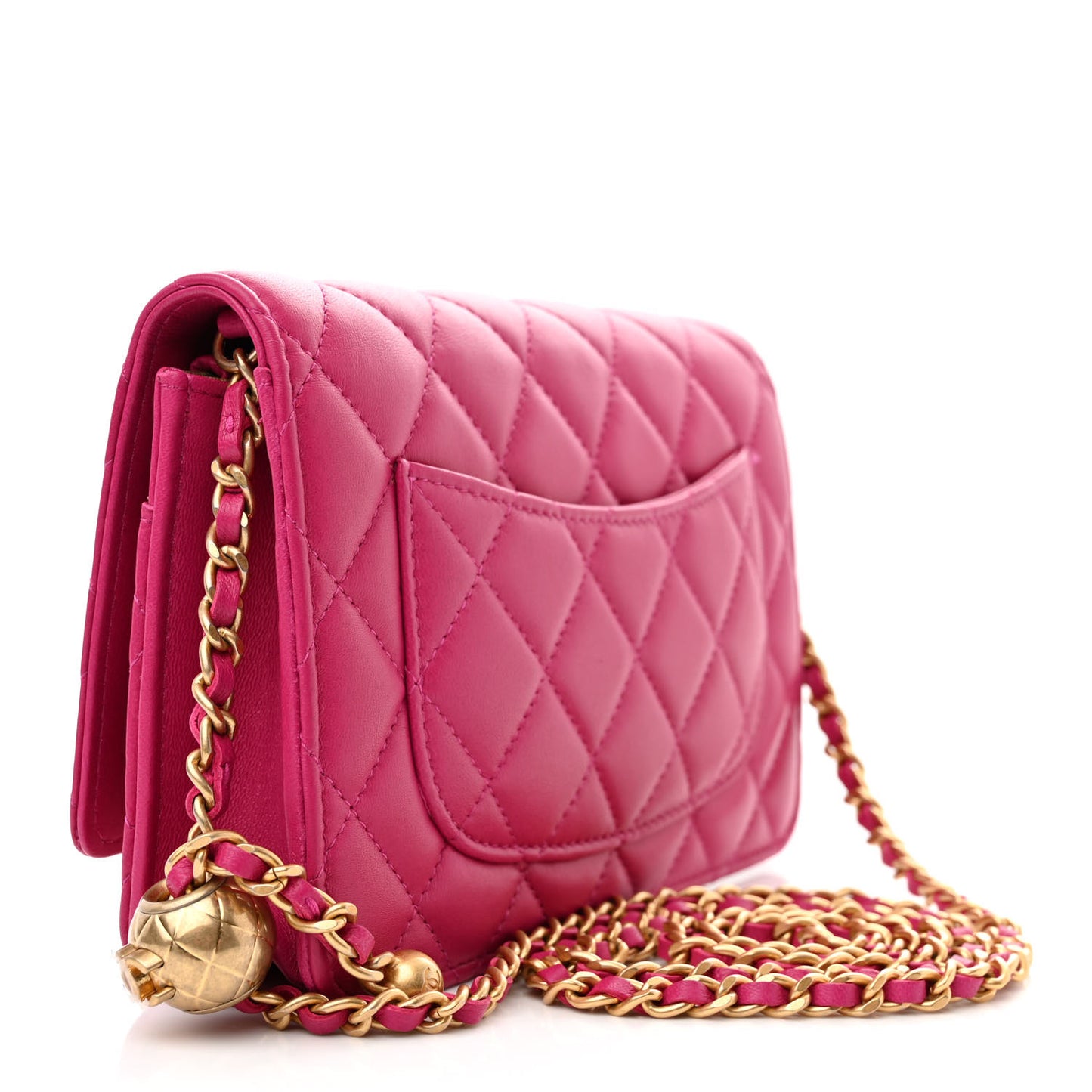 Lambskin Quilted CC Pearl Crush Wallet on Chain WOC Dark Pink