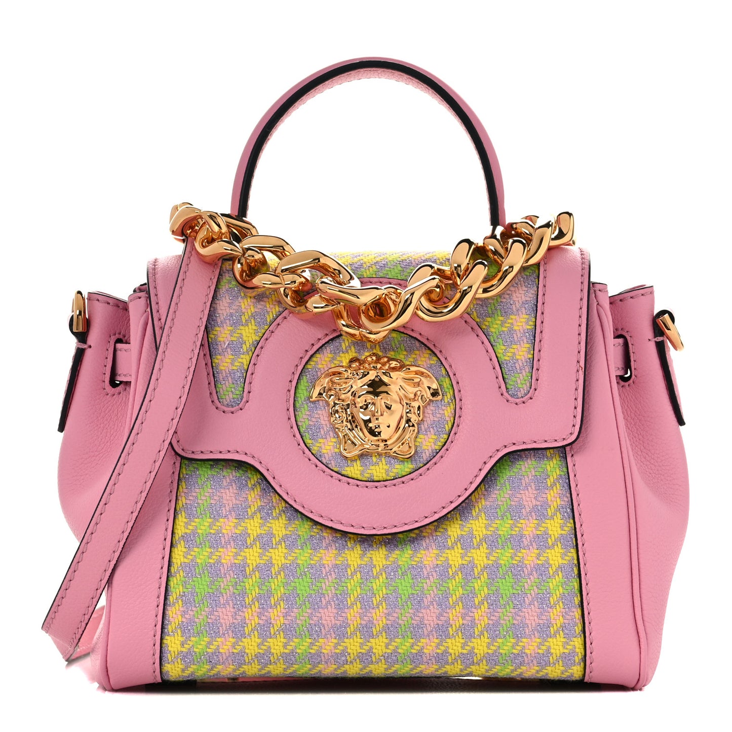 Calfskin Tweed Medusa Small Top Handle Handbag Baby Pink Pineapple