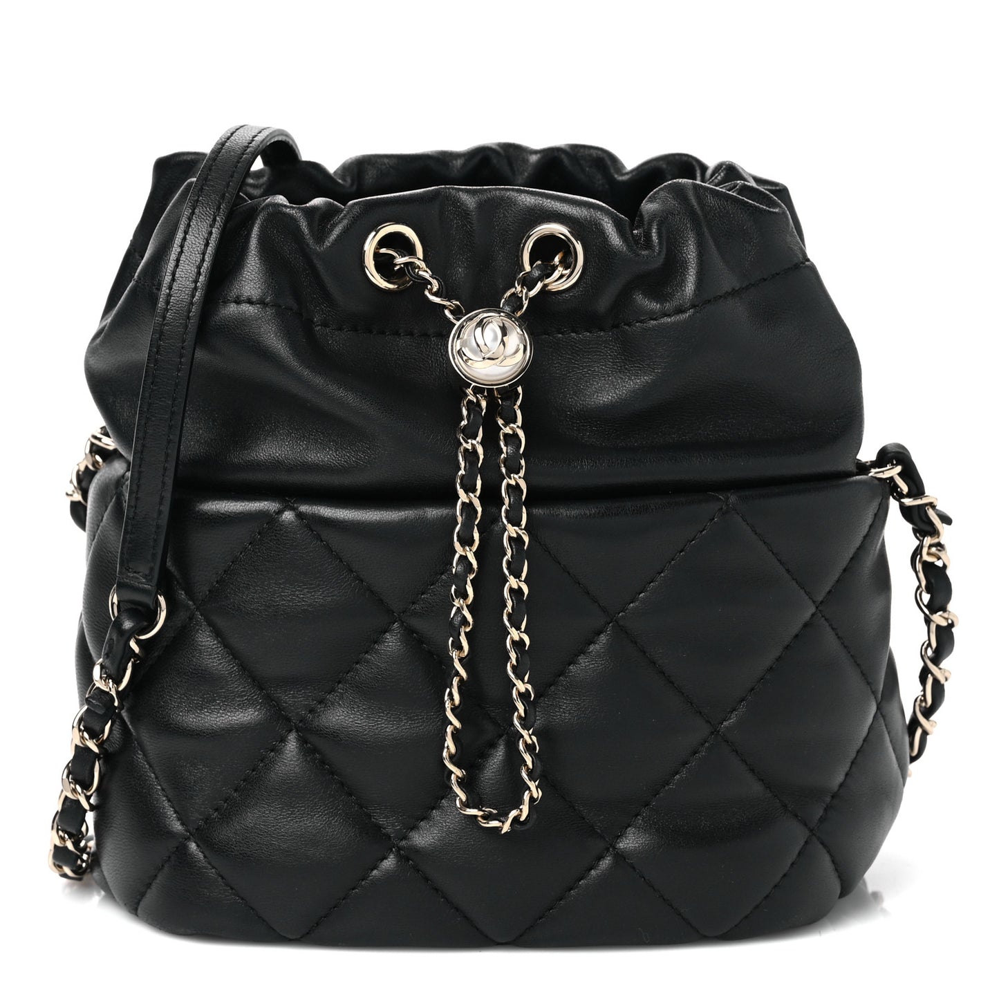 Lambskin Quilted Pearl Bucket Bag Black